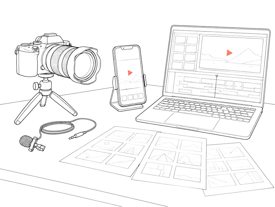 カメラ、マイク、スマートフォン、編集画面がそろった制作の机のイラスト